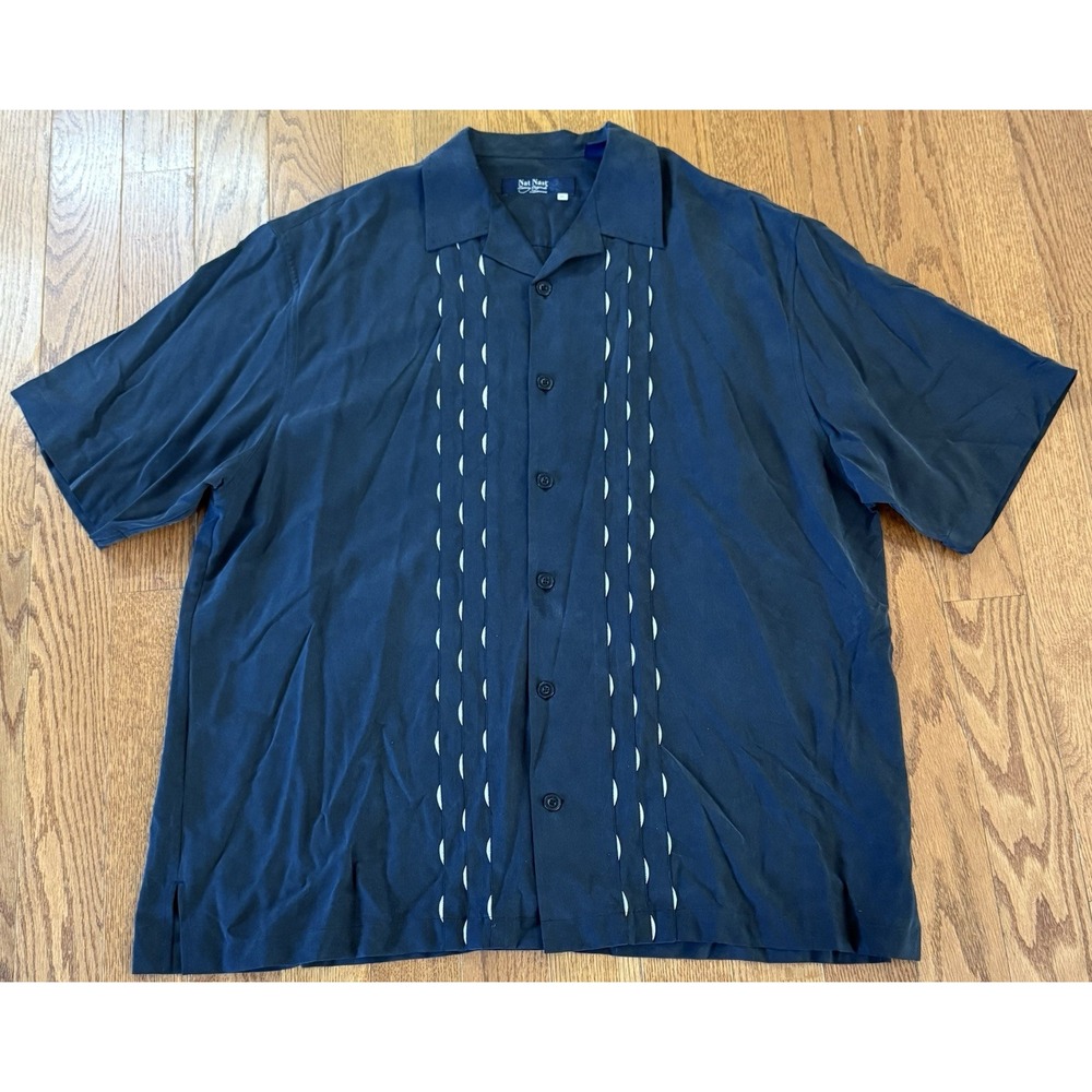 Nat Nast Brown Bowling Striped Short Sleeve Silk Luxury Size XL
